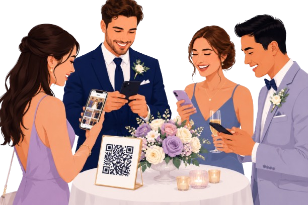 Wedding guests scanning QR code to share photos